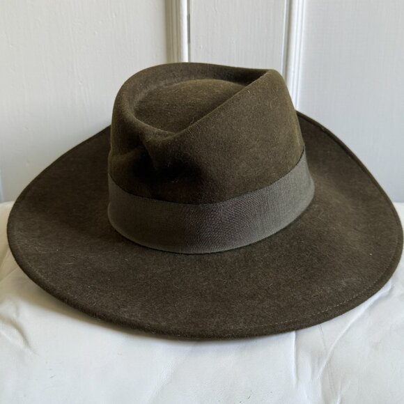 Vintage 90s Style Wool Fedora Hat - Ralph Lauren Vibes - Olive Green Wide Brim - Picture 5 of 6